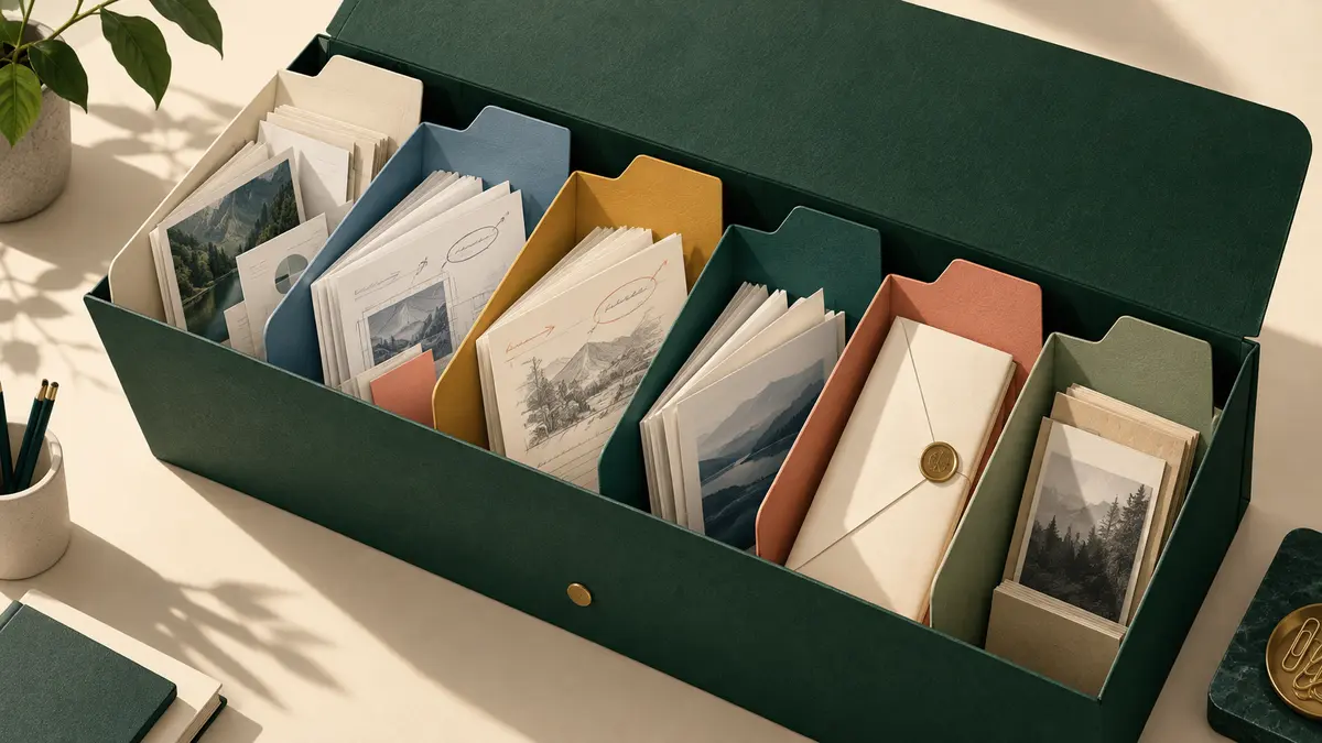 An open forest-green project file box uses color-coded dividers to separate source materials, working drafts, review notes, delivery, and archived work.
