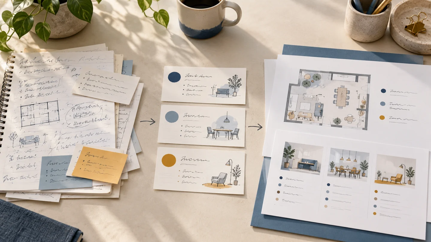 Handwritten research notes are grouped into themes and become clean presentation slides with a study-space floor plan and comparison chart.