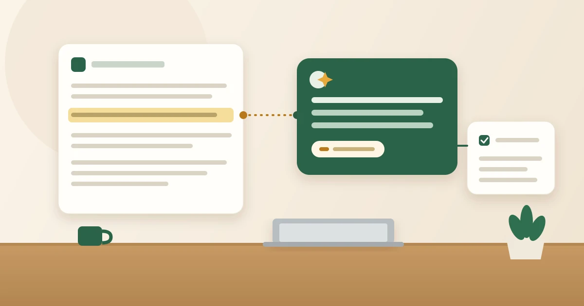 Illustration of a document with a highlighted passage, linked by a dotted line to an answer card with a source tag, above a wooden desk with a plant and mug.