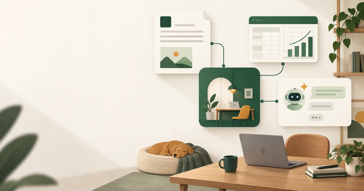 Illustration of a small-business workspace with connected document, spreadsheet, and AI assistant cards.