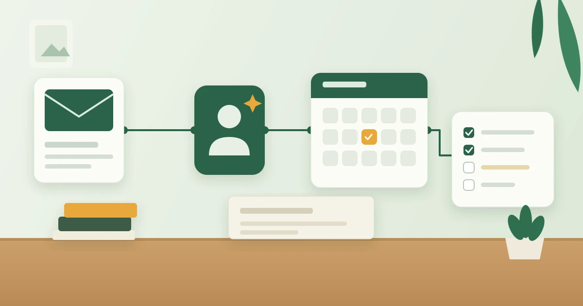 Illustration of a welcome card, a calendar card, and a checklist card joined by a single green path along a sage wall above a wooden desk.