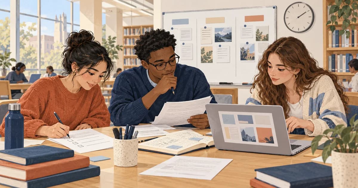 Three college students plan a group presentation with source notes, a checklist, and slide thumbnails at a library table.