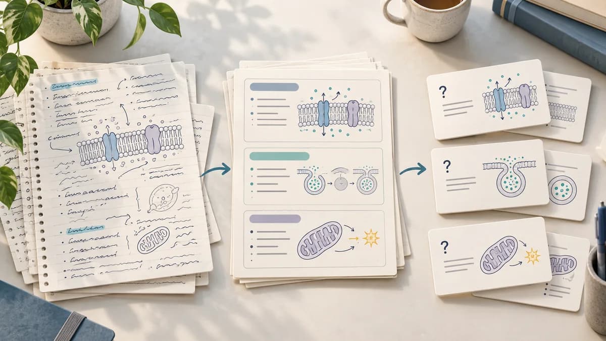 An editorial study-desk illustration shows biology lecture notes becoming organized concepts and question-led flashcards.