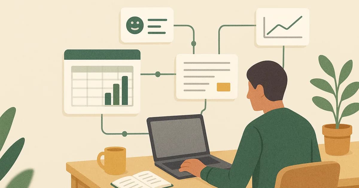 Illustration of a person working alone at a wooden desk with a laptop, a coffee mug and a notebook, with spreadsheet, chart and document cards connected by green lines on the wall behind.