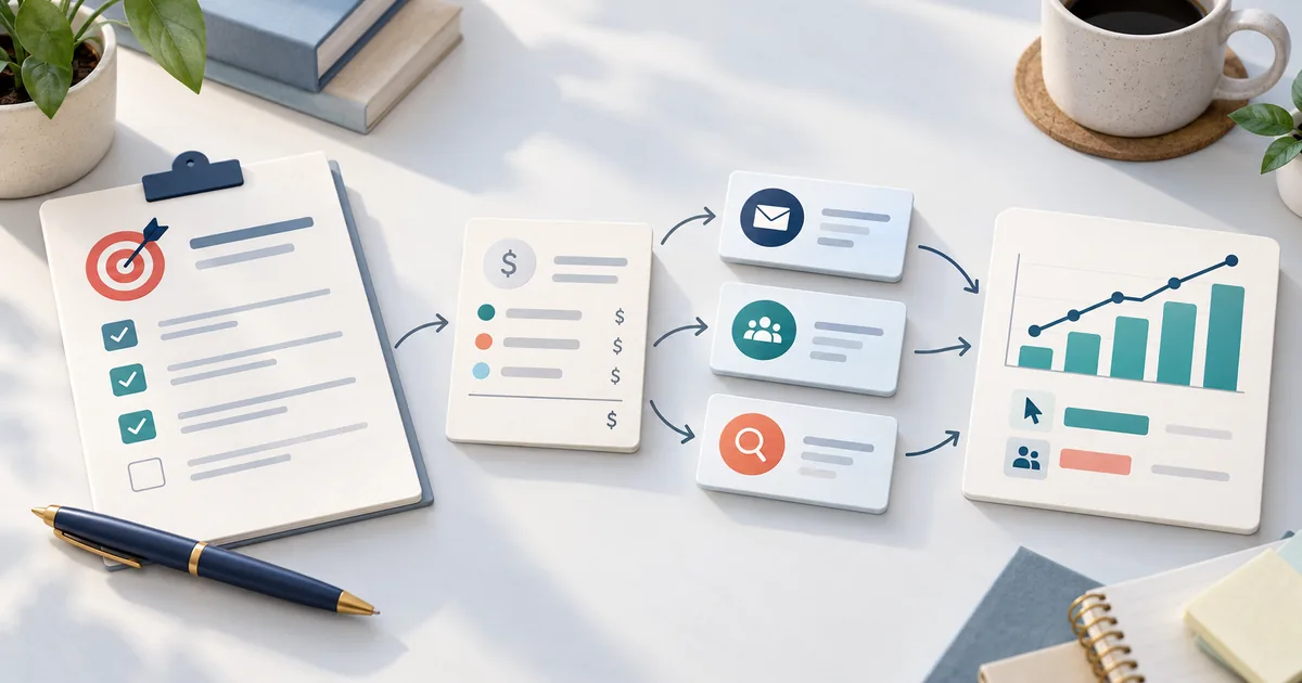 Editorial illustration of a campaign plan, budget card, email, social, and search channels feeding into a performance results sheet.