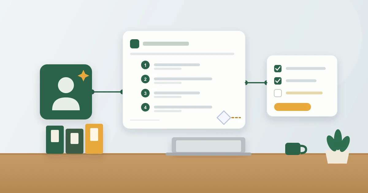 Illustration of a procedure page with numbered steps, a decision branch, and a checked completion box, beside a binder and a plant on a wooden desk.