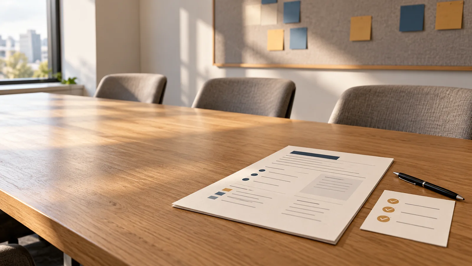 An empty oak meeting room with a clearly structured meeting record and three checked follow-up actions in the foreground.