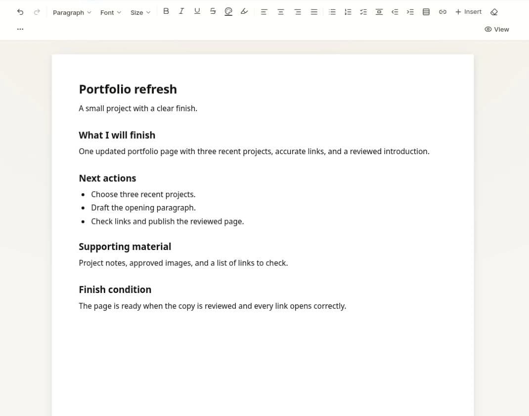 Real ZuffSuite Docs editor showing a sample portfolio brief, three next actions, supporting material, and a finish condition.