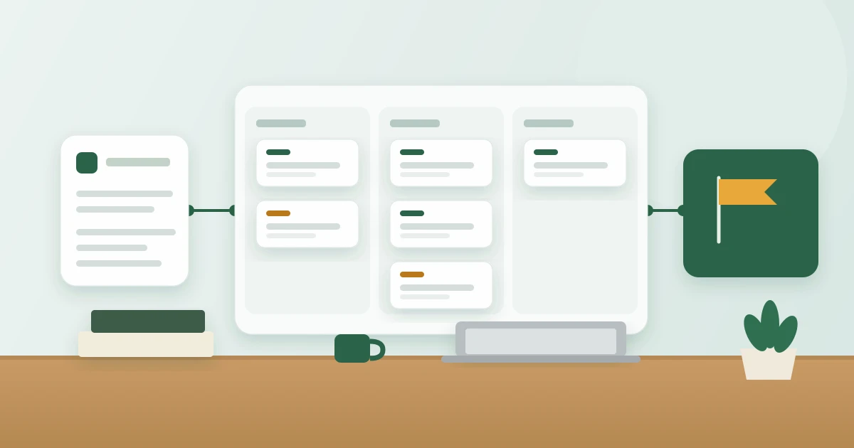 Illustration of a milestone board with three columns of cards and a highlighted finish flag, connected by a green path, above a wooden desk with a plant.