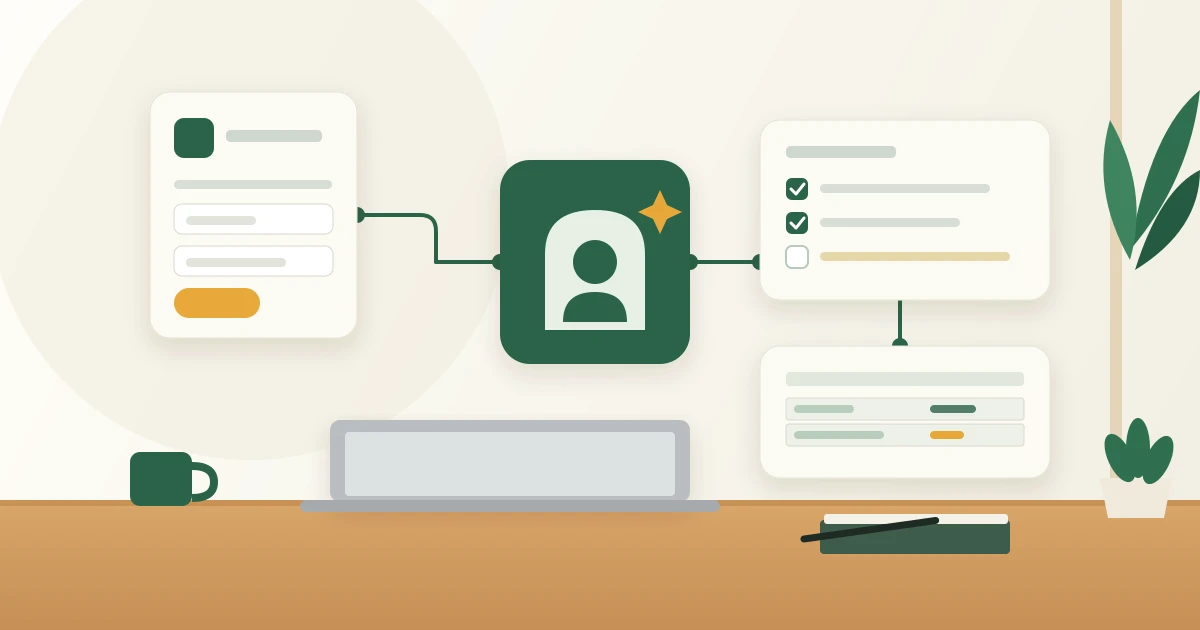 Illustration of a small-business wall with a form card, a review card, and a task card connected by a single green line above a wooden desk.