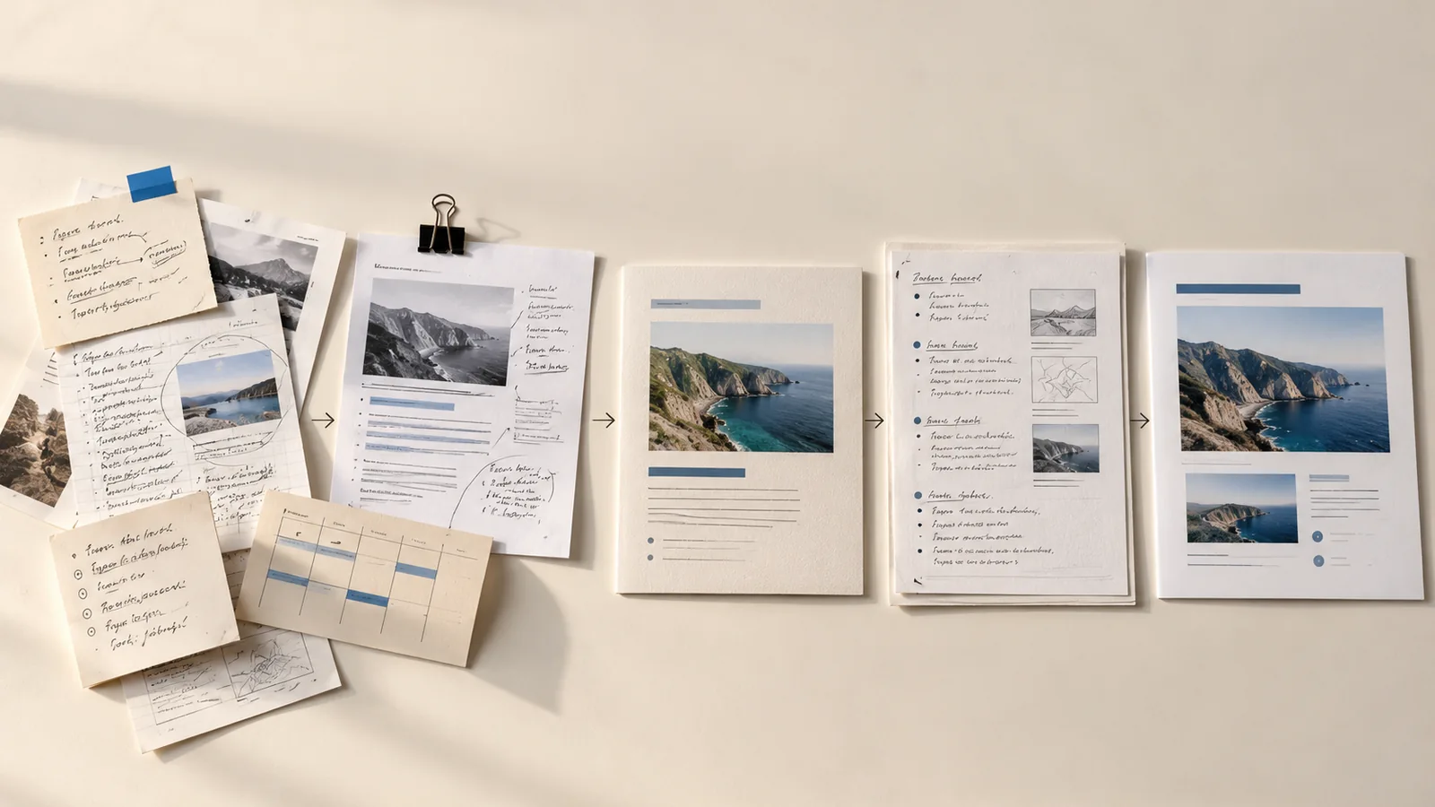Editorial still life showing scattered project notes resolving into an orderly brief, research page, and presentation on a warm desk.