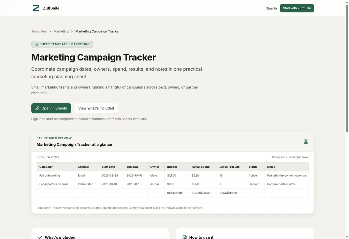 Screenshot of ZuffSuite's public Marketing Campaign Tracker template page, showing the Open in Sheets sign-in step and the structured preview with campaign, channel, dates, owner, budget, actual spend, leads or results, status, and notes.